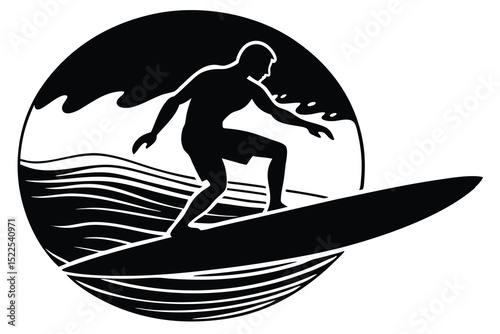 Monochrome Silhouette of Surfer Riding Wave Inside Circle Illustration Design