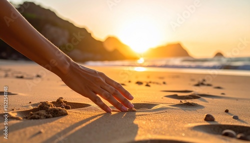 Golden Hour Beach Serenity: Hand in Sand at Sunset