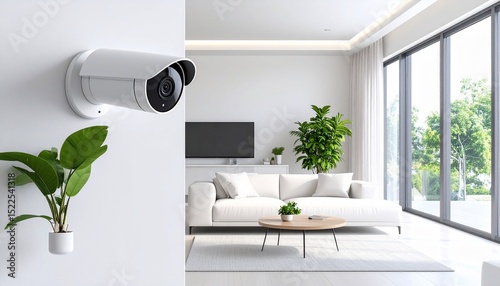 Modern Home Security: White Smart Camera in Minimalist Living Room