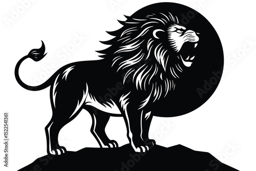 Roaring Lion Silhouette on Rock Bold Black and White for Design