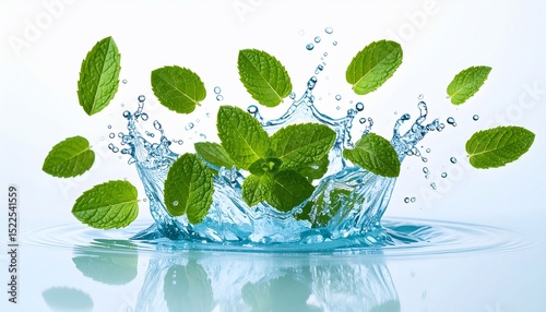 Refreshing Mint Leaves Splashing in Crystal Clear Water