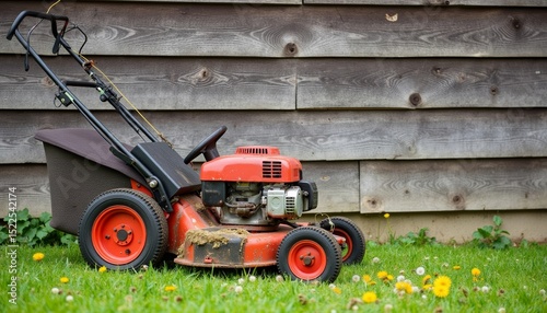 Old lawn mower parked on grass near wooden wall with flowers  