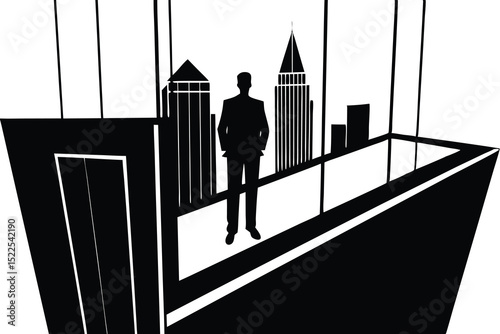 Silhouette of a Businessman in an Office Overlooking a Cityscape with an Elevator Door Nearby