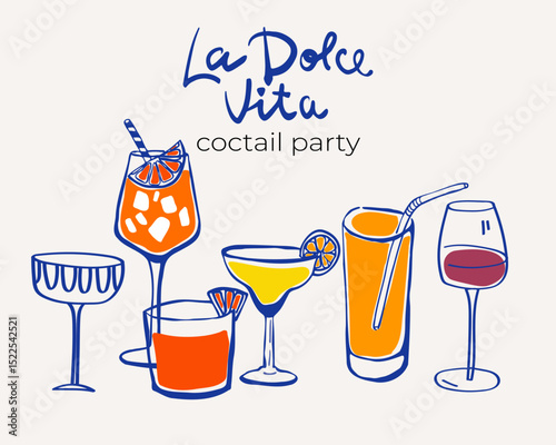 Set of hand-drawn whimsical illustrations of cocktails, alcoholic martini, aperol spritz in ink doodle style. Hand-drawn collection of drinks. Italian Aperitif Drink Collection. Doodle Style