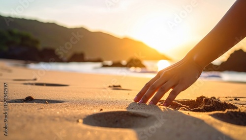 Golden Hour Beach Serenity: Hand in Sand at Sunset