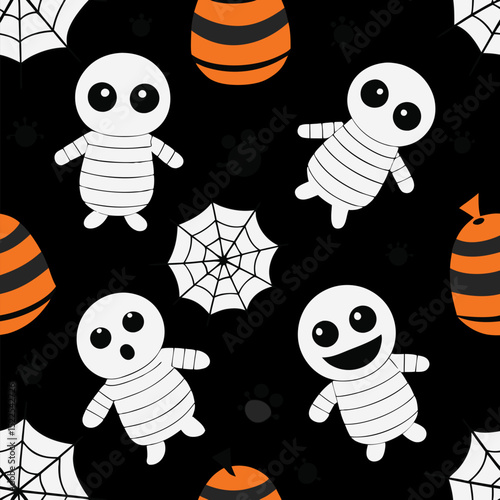Halloween seamless pattern with mummies pumpkins and spiderwebs