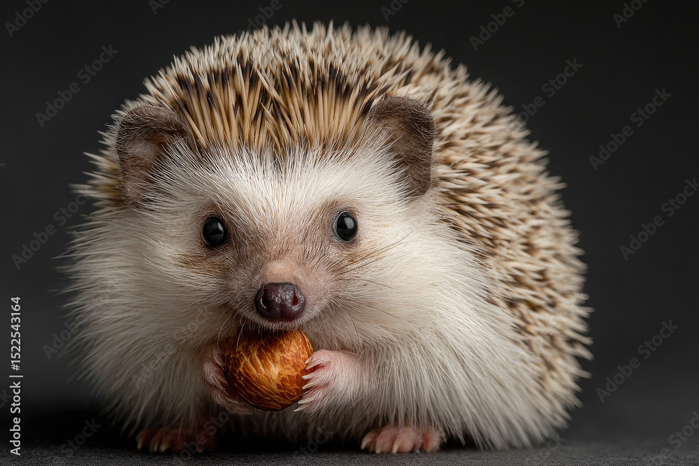Fototapeta premium Fluffy hedgehog holding small orange fruit