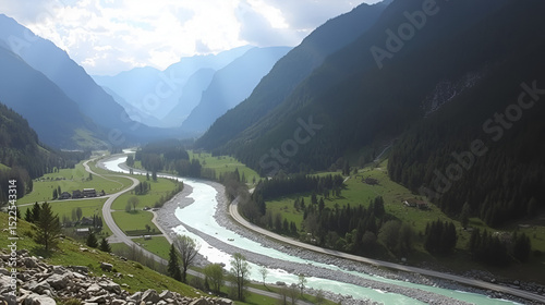 Amazing views of Trenta Valley Bovec Slovenia, long road with Soca river and high mountains, Triglav natioonal park Julian Alps