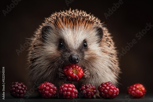 Cute hedgehog with spiky fur clutching a tiny raspberry 