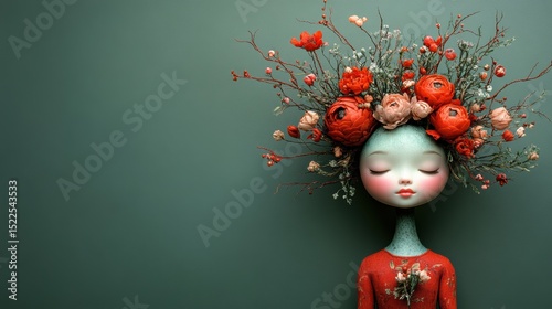 Conceptual art doll with flower headdress serene face against teal elegant background for stock photography