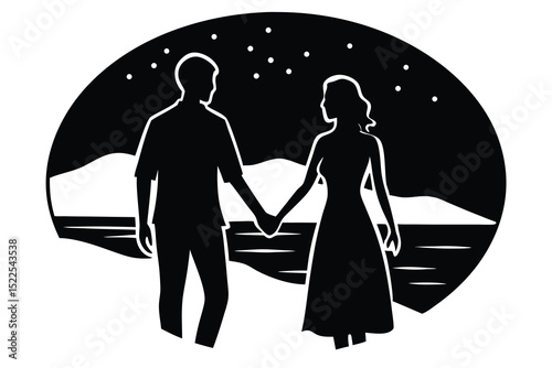 Silhouette of Couple Holding Hands at Night with Mountains and Stars Background