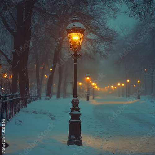 Snow-covered park with a solitary street light.