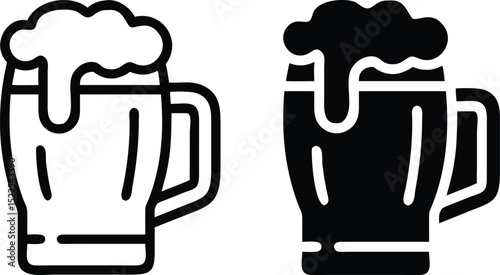 Minimalist Beer Mug Icon Vector Line Art with Foam and Handle Front View