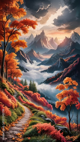 Painting of an autumnal landscape, capturing the essence of awe-inspiring beauty. autumn forest in the mountains, sunset in the mountains