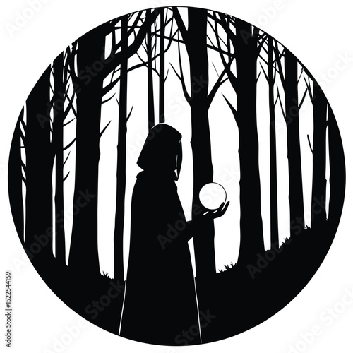 Silhouette of hooded figure holding orb in dark forest black and white image