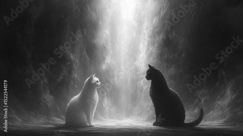 Serene monochrome portrait of elegant feline pair facing each other in a minimalist illuminated setting