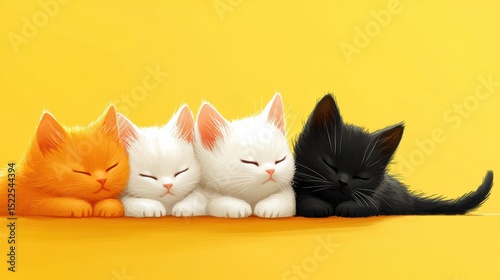 Adorable kittens sleeping on a yellow surface with expressive eyes and whiskers in a gentle art style