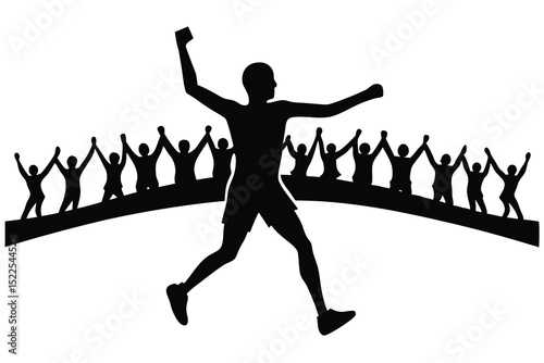 Silhouette of Running Man Cheered By Crowd with Raised Arms on White Background