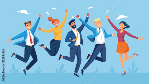 Diverse Group of Professionals Celebrates Success with Joyful Leaps and Raised Arms