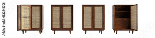 Four views of a light brown wooden cabinet with woven panels