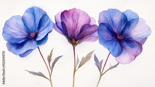 Elegant watercolor botanical illustration of three stylized flowers in soft blue and purple on white paper background