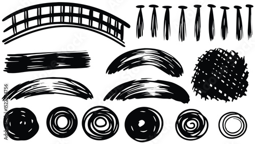A collection of black and white brush stroke illustrations with various shapes and patterns present here