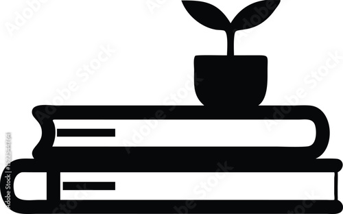 Stack of Books Topped with Sprout in Pot Icon, Black Silhouette