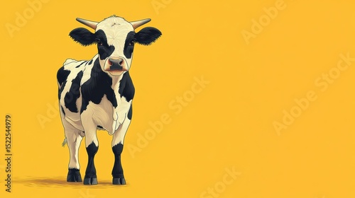 Artistic Cow Illustration Standing Against a Solid Yellow Backdrop for Lively Farm or Agricultural Content