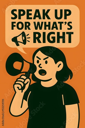 An empowering message and a character with megaphone convey an impactful social statement, highlighting the significance of voice and conviction.