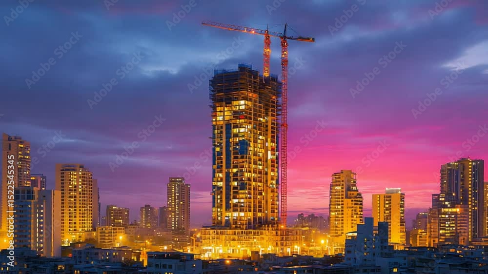 Cityscape at dusk featuring a tall building under construction with cranes silhouetted against colorful sky