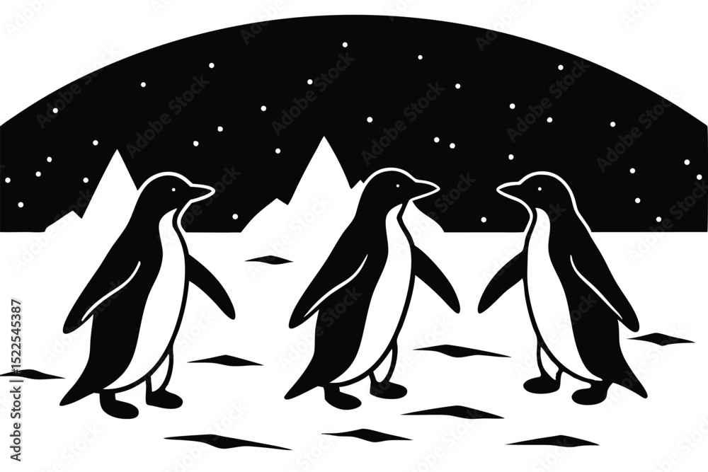 Obraz premium Three Penguins Standing on Snowy Ground, Under a Starry Night, Mountains in Background