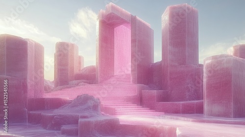 Surreal Pink Stone Portal with Glowing Staircase Mysterious Monumental Architecture Scene Sunny Day