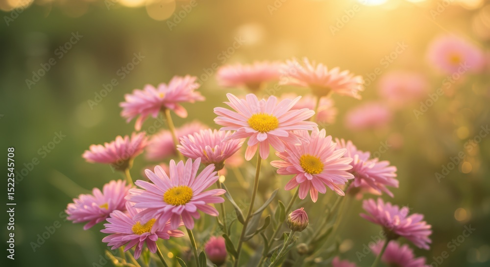 A Serene Garden Landscape Featuring Blooming Pink Flowers Bathed in the Warm Glow of the Golden Hour Sunlight A Serene Garden Landscape Featuring Blooming Pink Flowers Bathed in the Warm Glow of the Golden Hour Sunlight