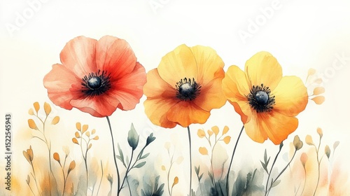 Watercolor Poppies in Floral Symphony Gentle Spring Art Orange Yellow Tints Calm and Bright Fine Art Style Painting Delicate Springtime
