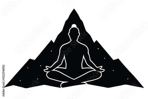 Woman Meditating in Lotus Position Silhouette with Triangle Mountain Background Art