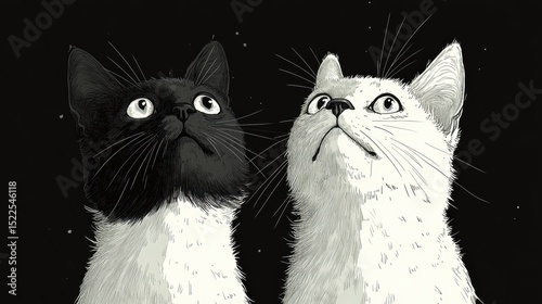 Two cats looking up in a dark background art illustration monochrome animals cute pets domestic drawing style vector black and white