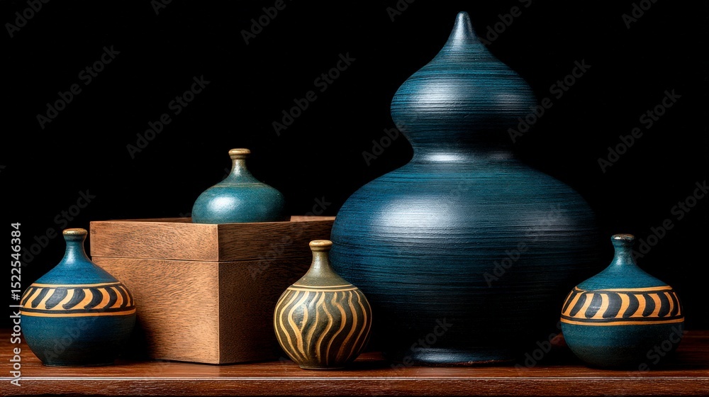 Obraz premium Still Life Photography Blue Ceramic Vases Wooden Box Decorative Objects