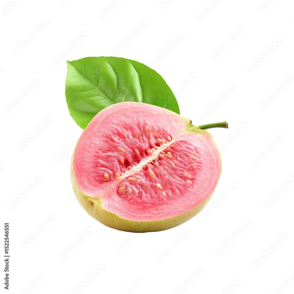 Guava's Sweet Secret: An appetizing guava half reveals its vibrant pink interior, accompanied by a lush green leaf in a high-angle shot, representing natural, wholesome nutrition. Guava's Sweet Secret: An appetizing guava half reveals its vibrant pink interior, accompanied by a lush green leaf in a high-angle shot, representing natural, wholesome nutrition.