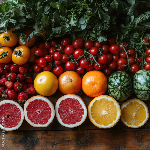 Assorted fruits and vegetables on wooden table.