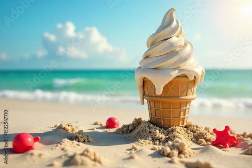 A sandcastle resembling a ridiculously oversized, lopsided ice cream cone melts in the sun, surrounded by scattered beach toys, creating a humorous beach scene , sun, ocean