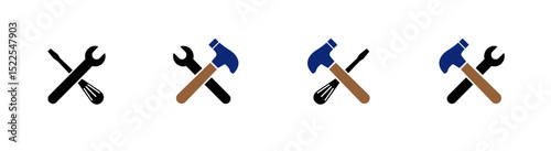 Vector Set of Hand Tools Icons – Hammer, Wrench and Screwdriver Combinations in Flat and Line Style