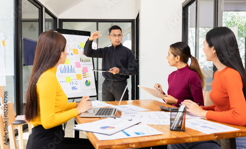 Group of Asian business working analysis project brainstorm in modern office, Asian businesspeople team working together, Business startup and company strategy planning concept.