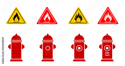 
Set of Fire Hydrants with Safety Warning Signs – Urban Safety Equipment and Caution Signage.

