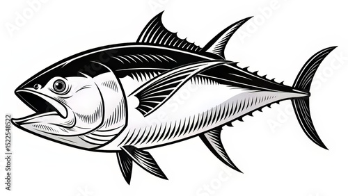 An aggressive silhouette of a tuna fish in monochrome ink, showcasing its muscular form and razor-like dorsal fin, designed for tattoo or logo use.