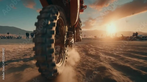 Dirt bike races through the desert at sunset creating dust clouds in slow motion action shot