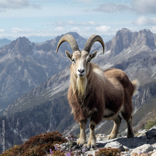 A majestic wild mountain goat stands regally amidst a rugged mountain range, showcasing its impressive curved horns and commanding presence against the backdrop of the breathtaking alpine landscape. photo