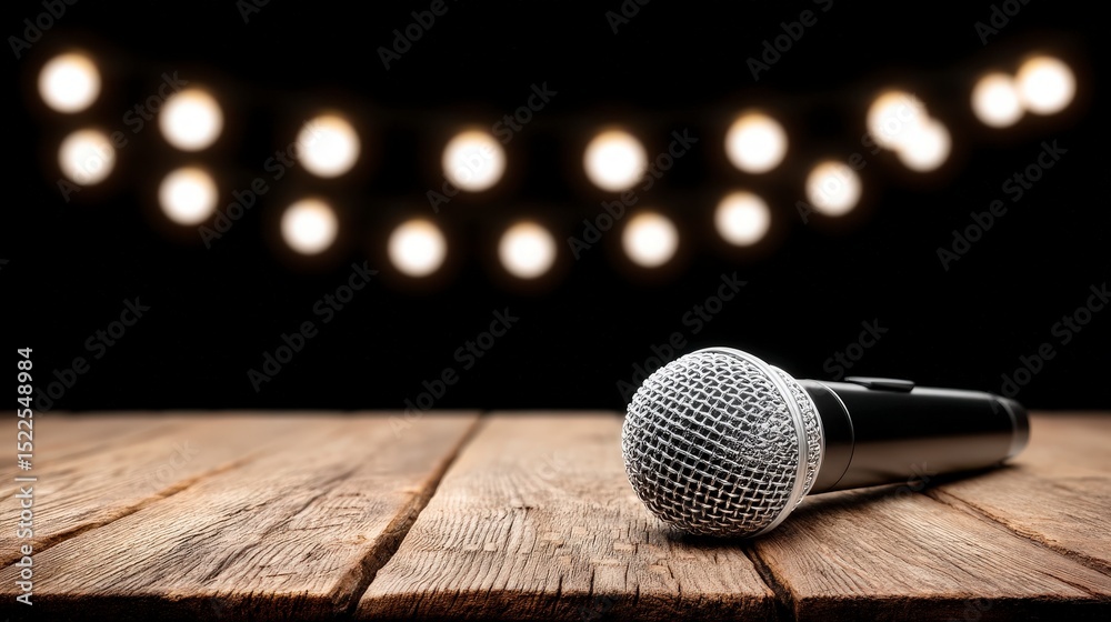 Obraz premium Vintage Silver Microphone on Wooden Table Stage Lights Background