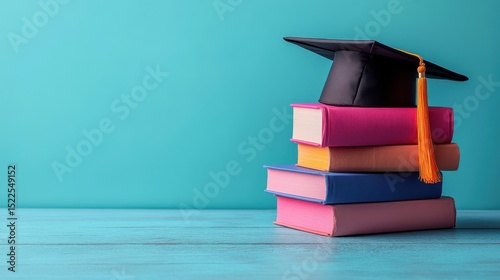 Students gather around stacked books wearing graduation cap in a bright study space promoting education and learning