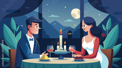 Elegant Couple Enjoying Romantic Candlelit Dinner with Wine and Night View Illustration