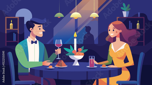 Romantic Dinner Illustration Smiling Couple at Restaurant with Wine and Candlelight Setting